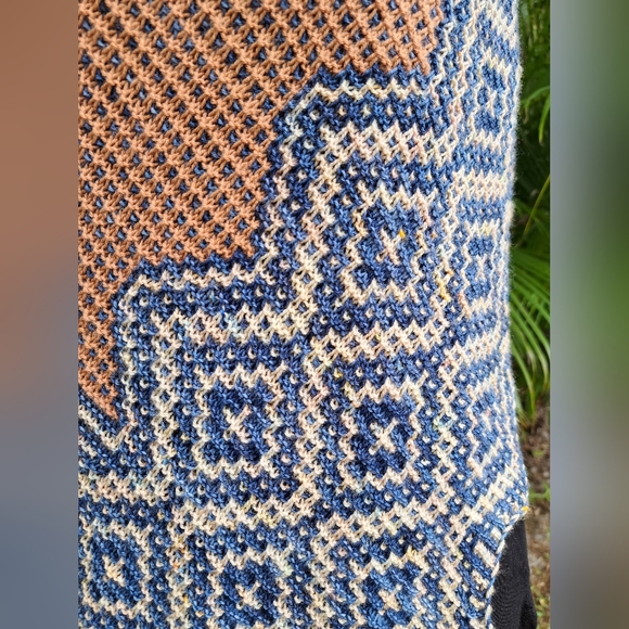 Hand Knit Shawl Blue Brown Beige Hand Dyed Yarn Mosaic Colorwork Soft Warm Cozy - Picture 2 of 16